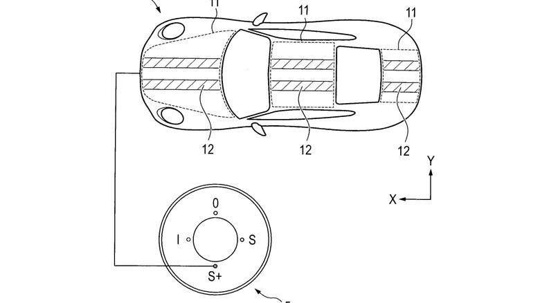 Posnetek zaslona diagrama na patentni prijavi, ki prikazuje pogled od zgoraj na 911 z dvema dirkalnima črtama, povezanima z izbirnikom načina vožnje v Sport+