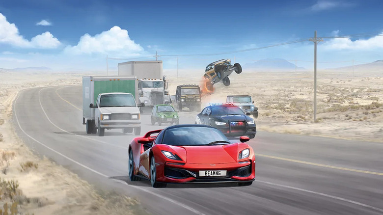 Rdeči superšportnik vodi konvoj različnih vozil skozi puščavo v BeamNG.drive.