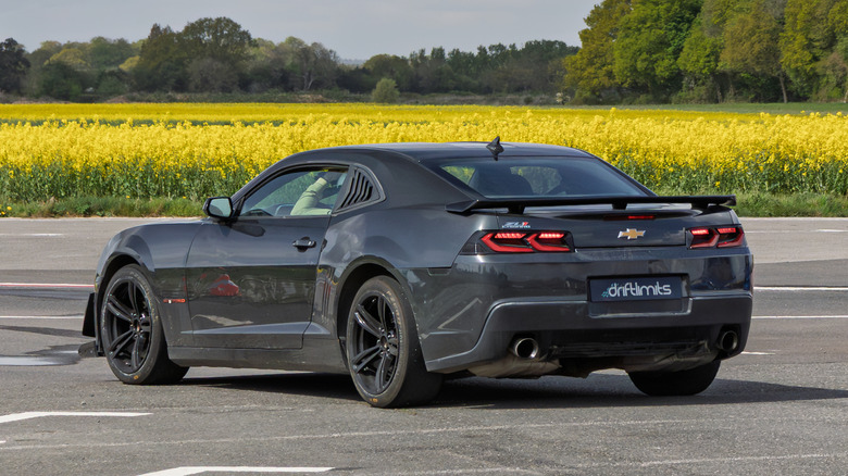 Pogled od zadaj 3/4 črnega Chevy Camaro ZL1 na parkirišču s poljem rumenih rož in dreves v ozadju