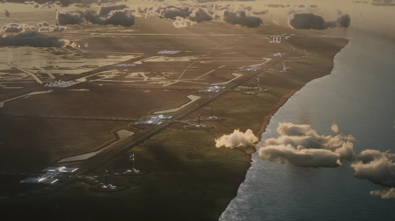Umetnikova upodobitev posnetka iz zraka nad bazo Starbase v Louisiani, ko je v celoti končana