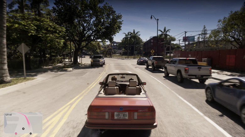 BMW E30 Cabrio podoben v GTA6 med vožnjo v prometu.