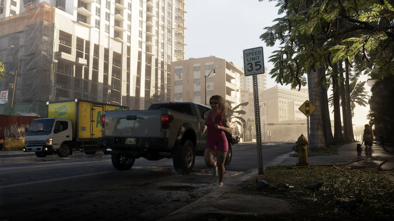 Tekač, ki teče mimo pickupa v stilu Forda F-150 v GTA6.