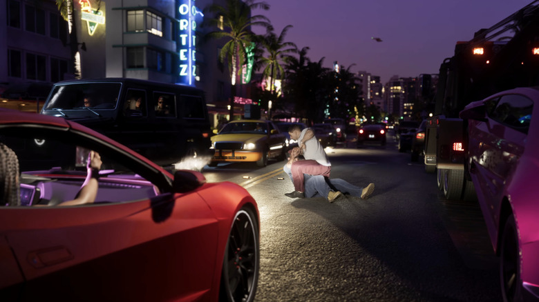 Nočni ulični boj v GTA6 s kupom avtomobilov naokoli.