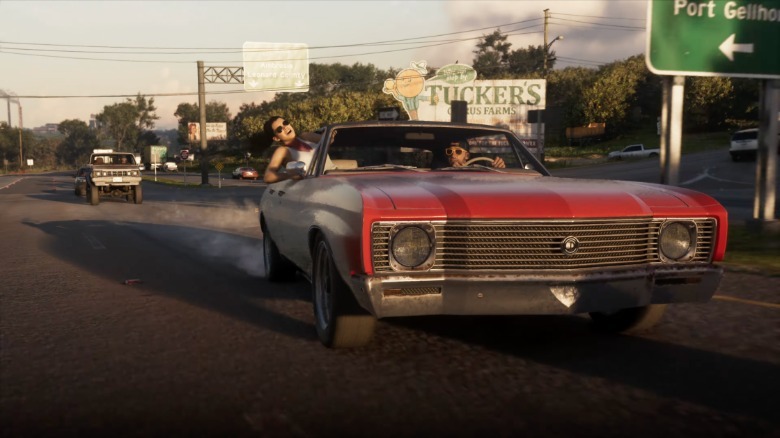 Rdeči mišični avto drifta v GTA6.