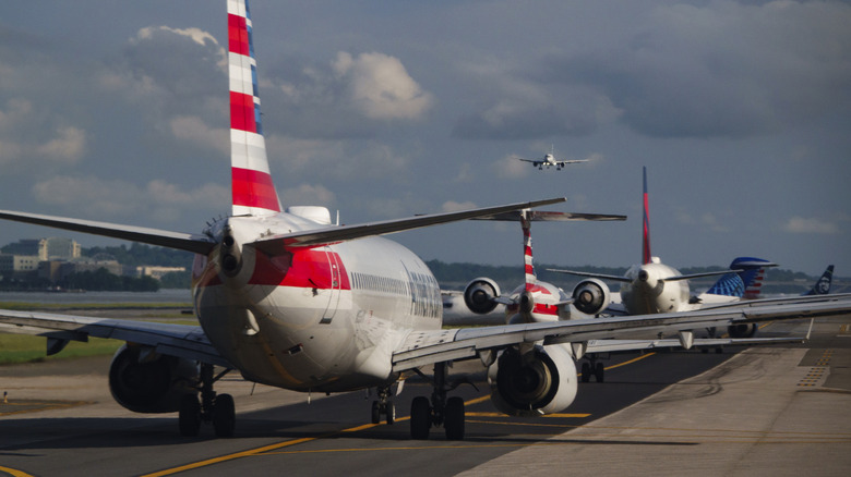 Boeing 737 družbe American Airlines in druga letala čakajo na odhod z nacionalnega letališča Ronald Reagan Washington 27. maja 2026 v Arlingtonu v Virginiji.