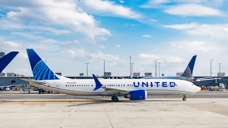 Odhod letala United airline na letališču. Letališki terminal. Prihod letala letalske družbe United. Odhod in prihod na letališče. Območje letalskega terminala.