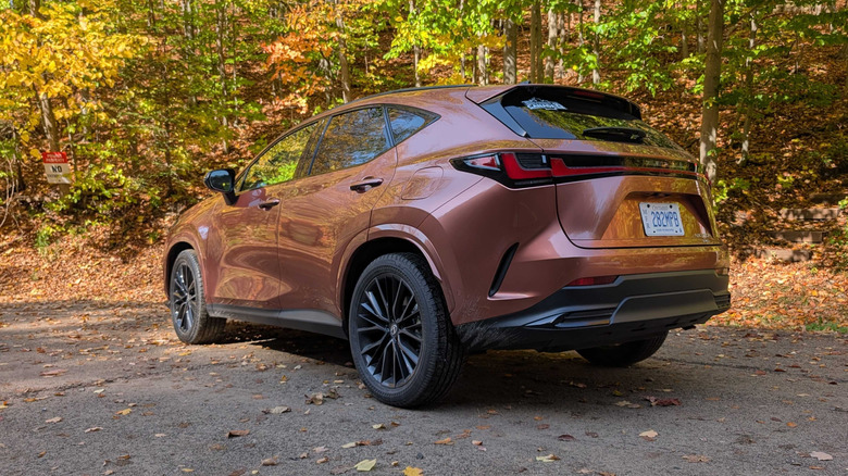3/4 pogled od zadaj na Lexus NX letnik 2027, parkiran pred jesenskimi drevesi